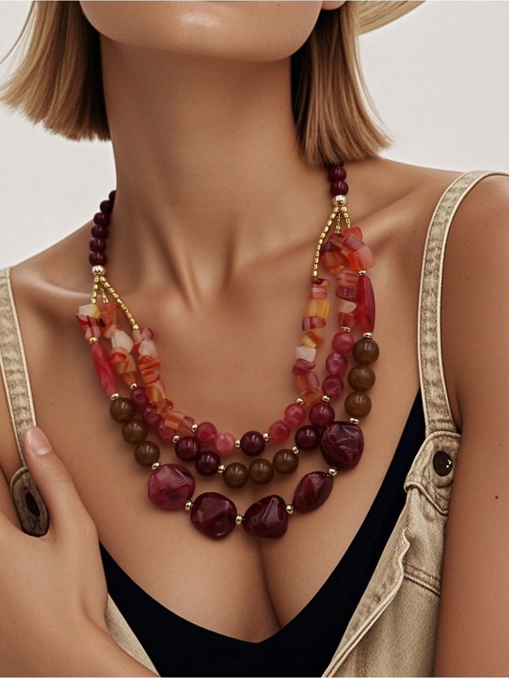Chunky Layered Stacked Beaded Statement Necklace Burgundy Magenta Red Trendy NWT